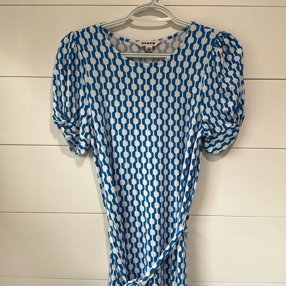 Boden Blue White Knot Detail Jersey Geometric Knee Length Tie Waist Dress Size 4 - Picture 8 of 13
